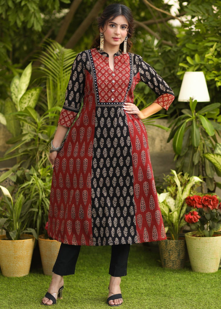 Exclusive Ajrakh Combination A-Line Kurti with Pearl Embelished Yoke - Pant Optional