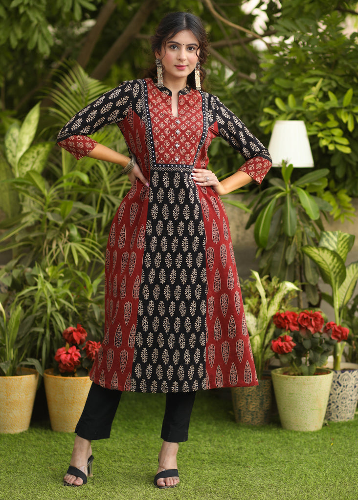 Exclusive Ajrakh Combination A-Line Kurti with Pearl Embelished Yoke - Pant Optional