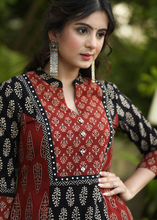 Exclusive Ajrakh Combination A-Line Kurti with Pearl Embellished Yoke - Pant Optional