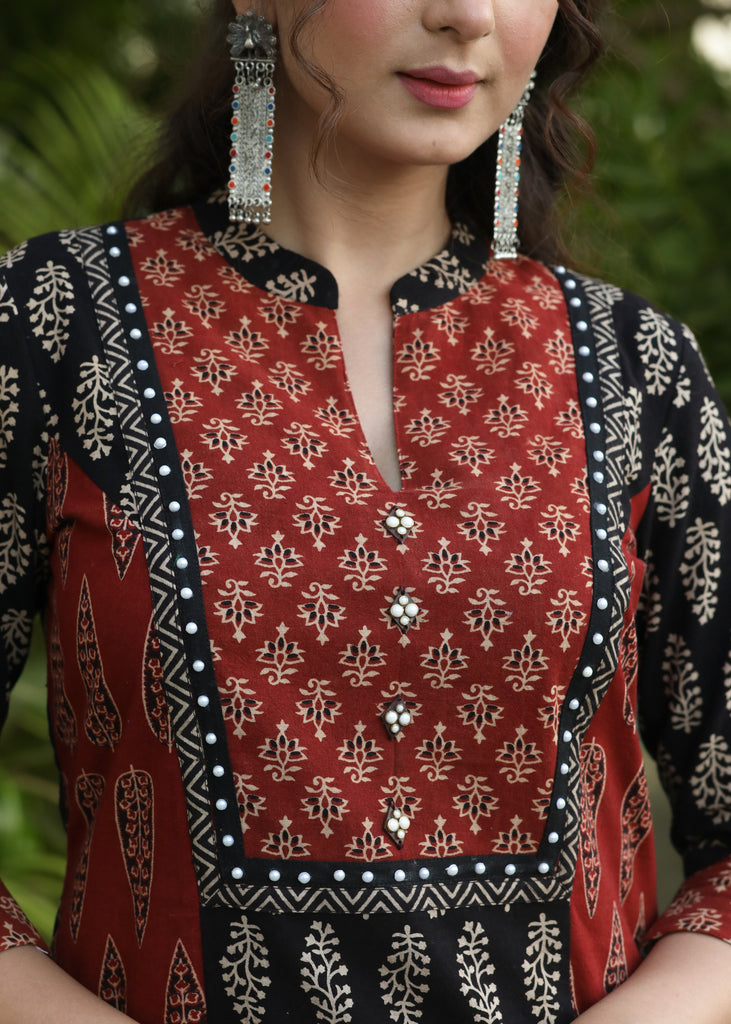 Exclusive Ajrakh Combination A-Line Kurti with Pearl Embelished Yoke - Pant Optional