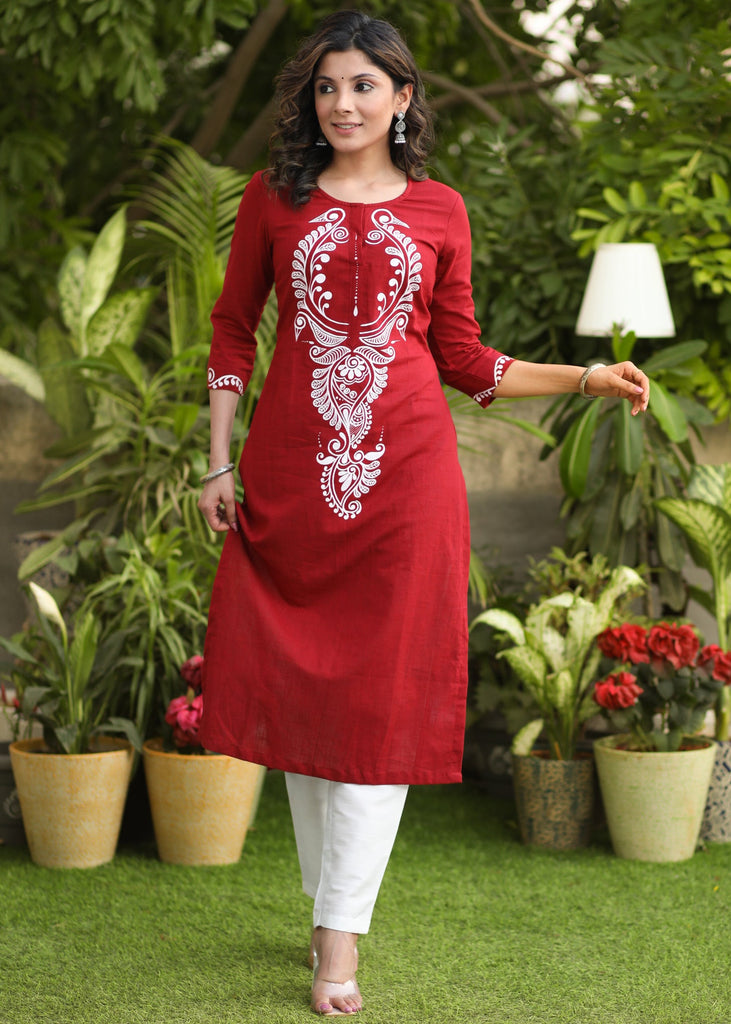 Smart Cotton Maroon hand painted kurti - Pant Optional