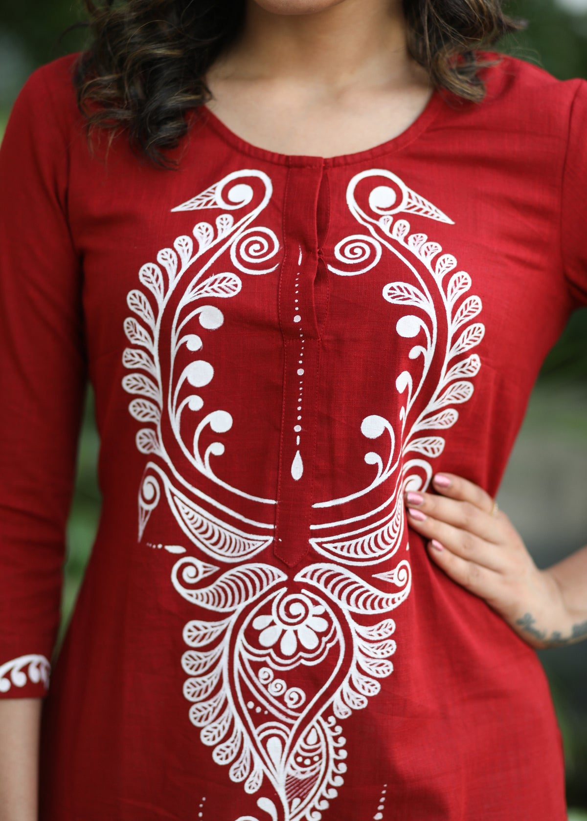 Smart Cotton Maroon hand painted kurti - Pant Optional