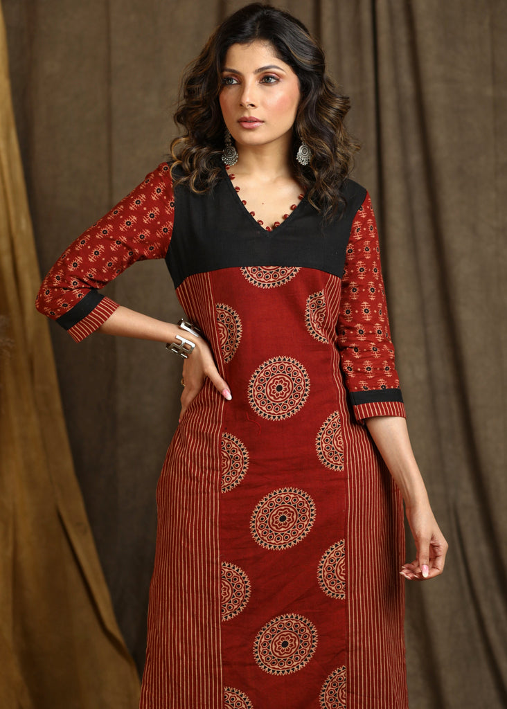 Smart Straight Cut Cotton Ajrakh Combination Kurta - Pant Optional