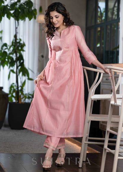 Light pink chanderi flared kurta with gold detailing