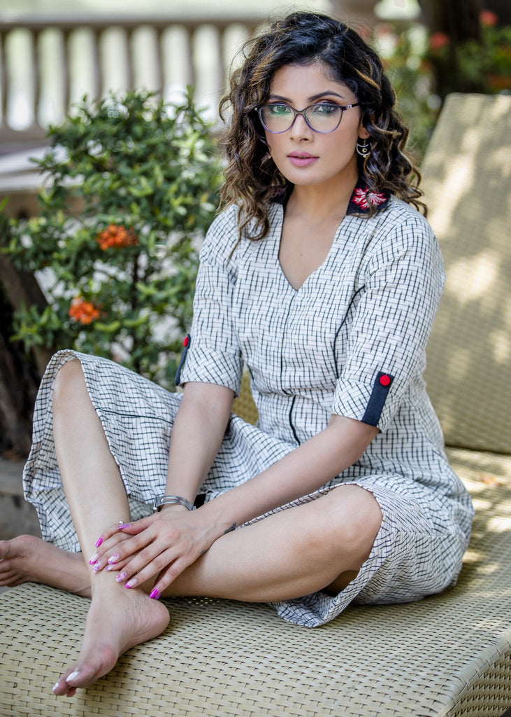 Exclusive Ikat dress with contrast red embroidery on collar