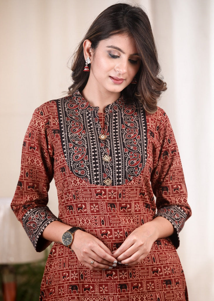 Exclusive animal print Ajrakh with Ajrakh yoke combination cotton tunic
