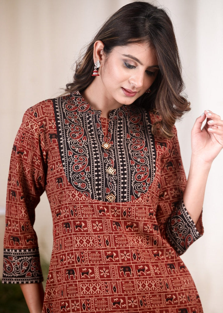 Exclusive animal print Ajrakh with Ajrakh yoke combination cotton tunic