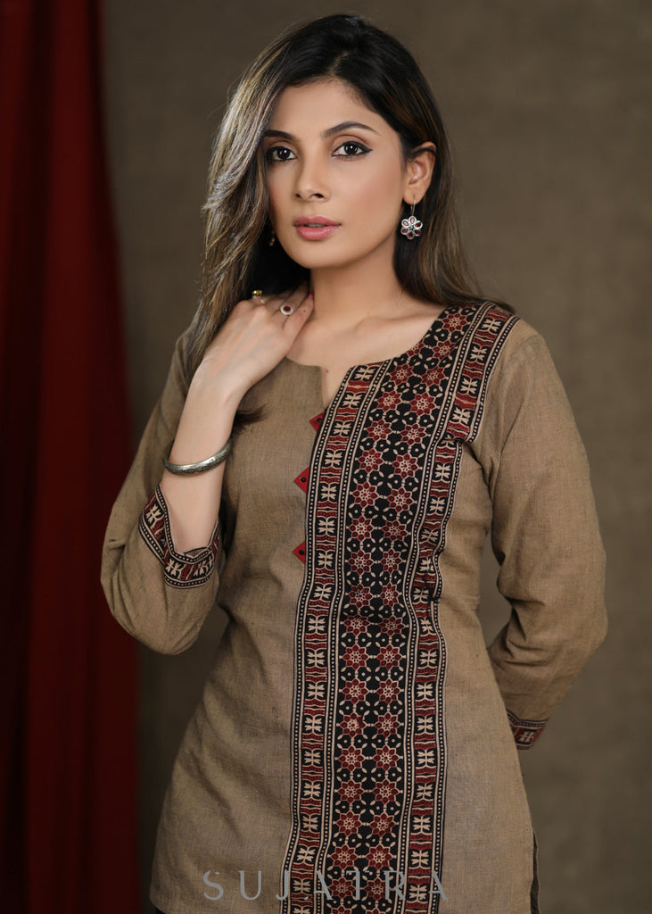 Beige Cotton Top with Ajrakh Combination