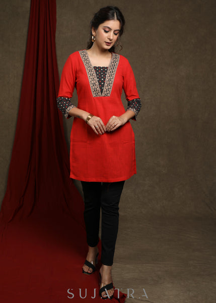 Beautiful bright red cotton tunic with black multicolor kantha combination