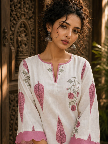 Ivory Straight Cotton Short Kurta with Pink Botanical Block Print & Contrast Scalloped Hem & Sleeve Cuffs