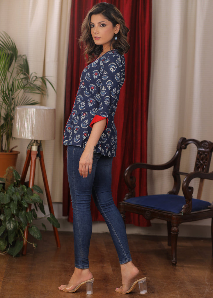 Indigo Jacket With Red Mirror Work