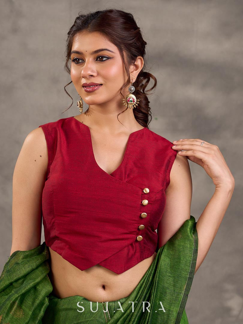 Maroon Cotton Silk Sleeveless Blouse with Asymmetric Wrap Front and Gold Button Detail