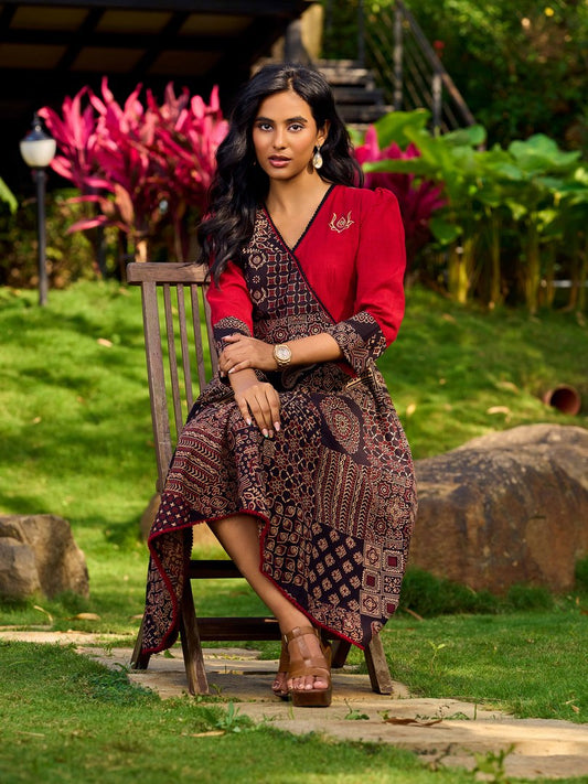 Indie Charm Maroon & Black Ajrakh Patchwork Print Dress with Hand Painted Motif