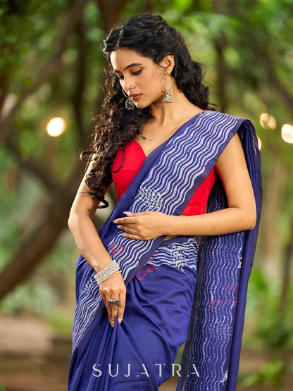 Vibrant Royal Blue Hand Block Printed Cotton Saree