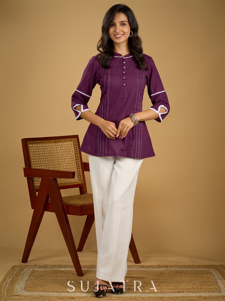 Elegant purple cotton top beautifully finished with delicate lace detailing
