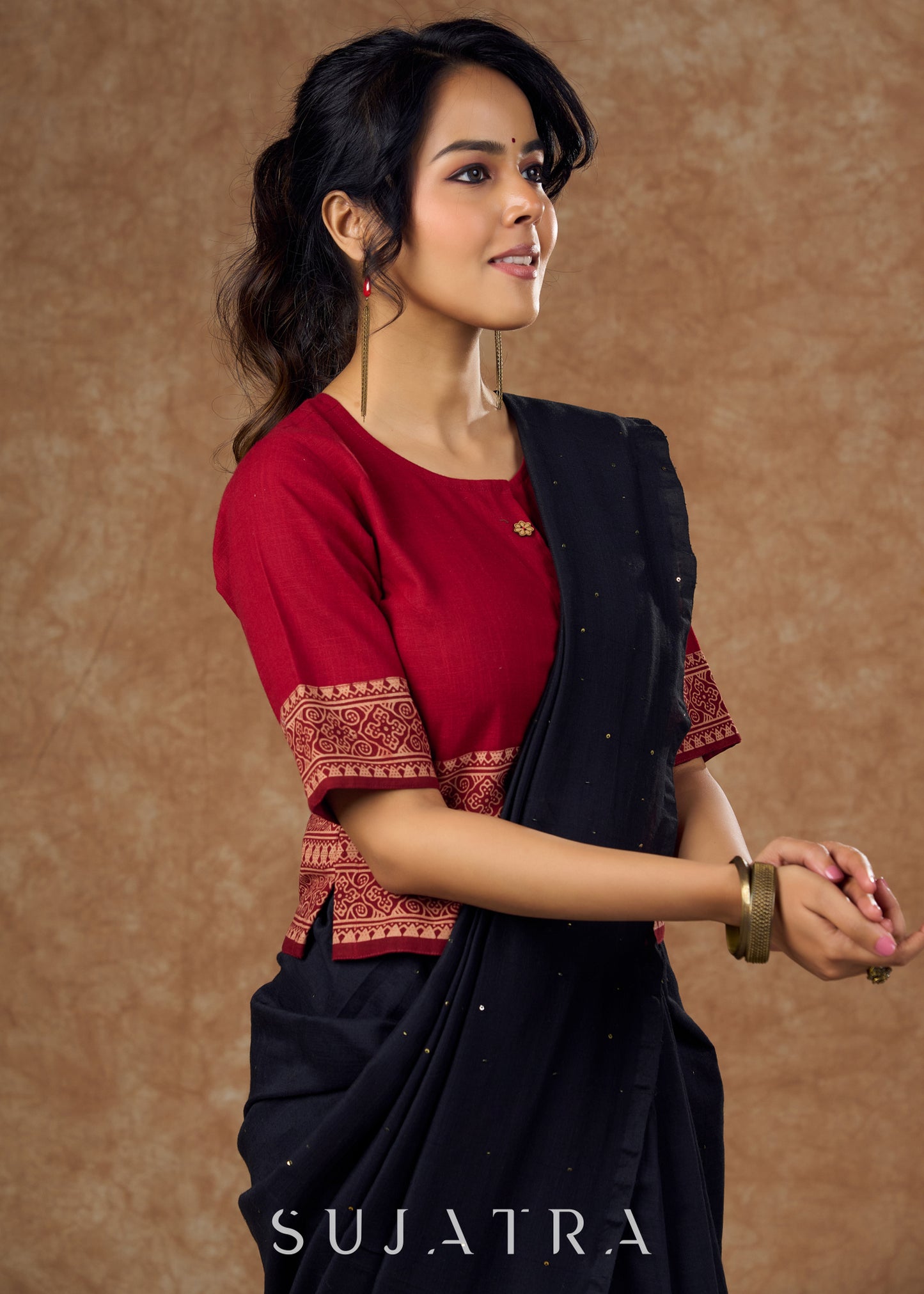 Maroon cotton and traditional Ajrakh print in this top style blouse - Optional Saree