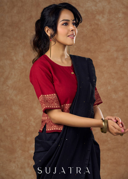 Maroon cotton and traditional Ajrakh print in this top style blouse - Optional Saree