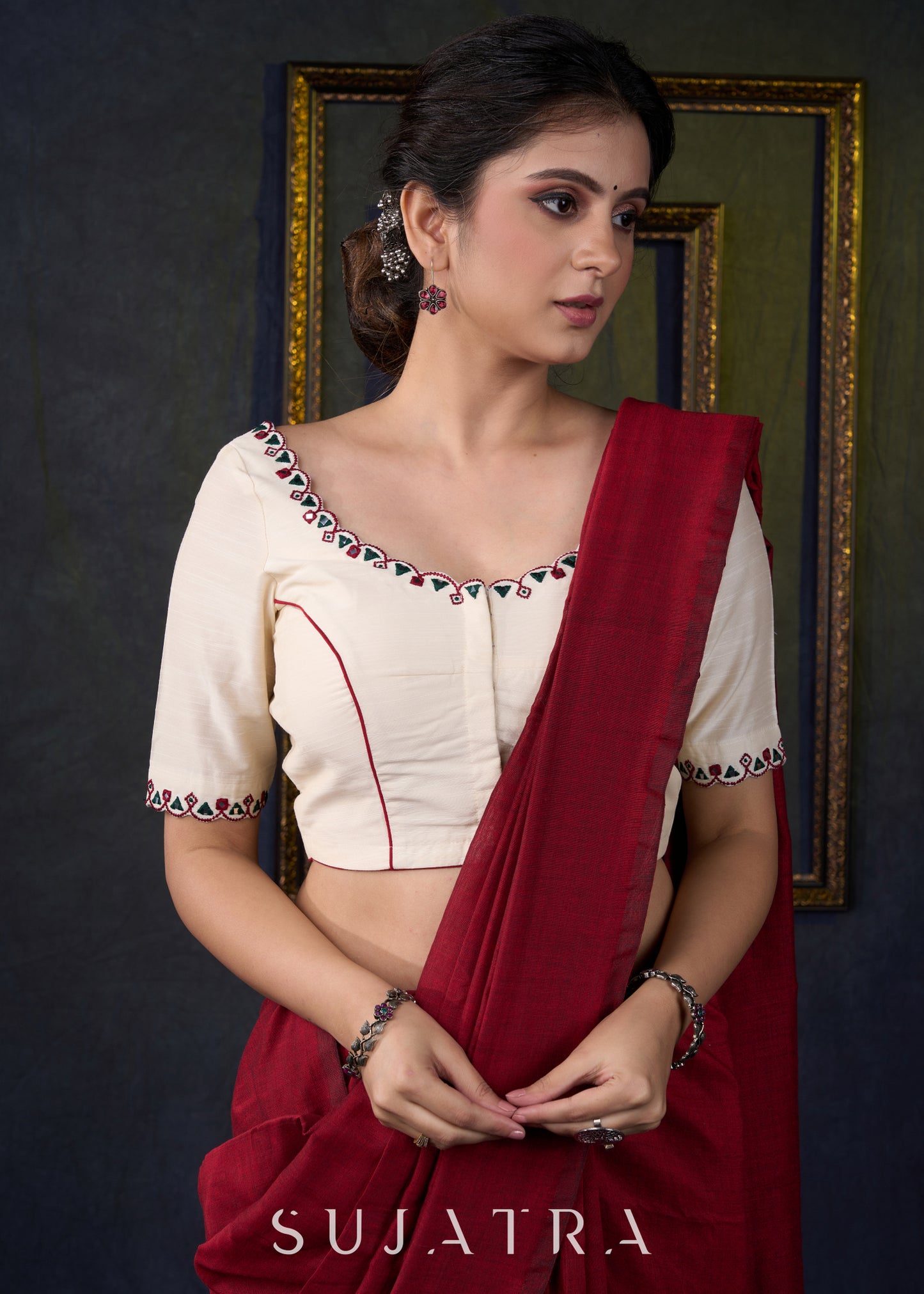 Embroidered Scalloped off White Cotton Silk Blouse - Optional Plain Saree
