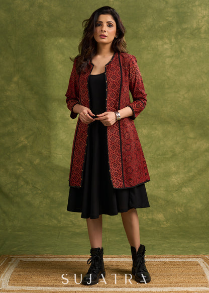 Real Elegant Maroon Ajrakh Long Jacket With Sleek Black Piping And Stone Adornments-  Dress Optional