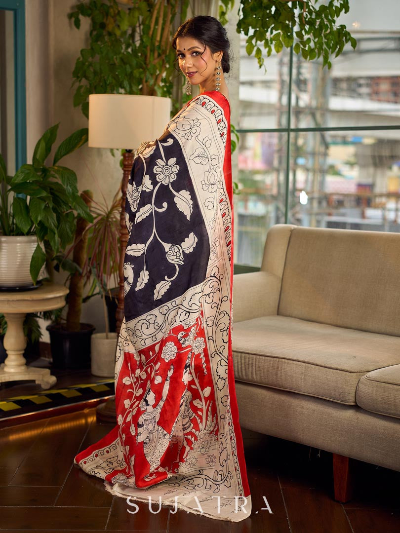 Classic Black & White Kalamkari Pure Silk Saree with Bold Red Contrast Border