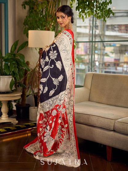 Classic Black & White Kalamkari Pure Silk Saree with Bold Red Contrast Border