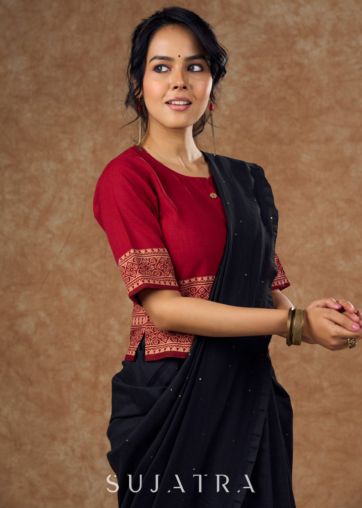 Maroon cotton and traditional Ajrakh print in this top style blouse - Optional Saree