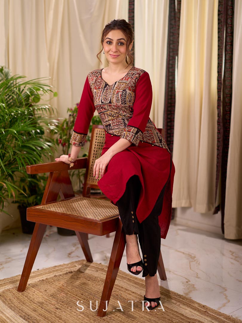 Deep Maroon Cotton Kurta with Asymmetric Kalamkari Print Yoke and Cuff Detail