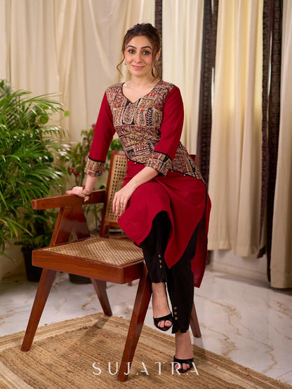 Deep Maroon Cotton Kurta with Asymmetric Kalamkari Print Yoke and Cuff Detail