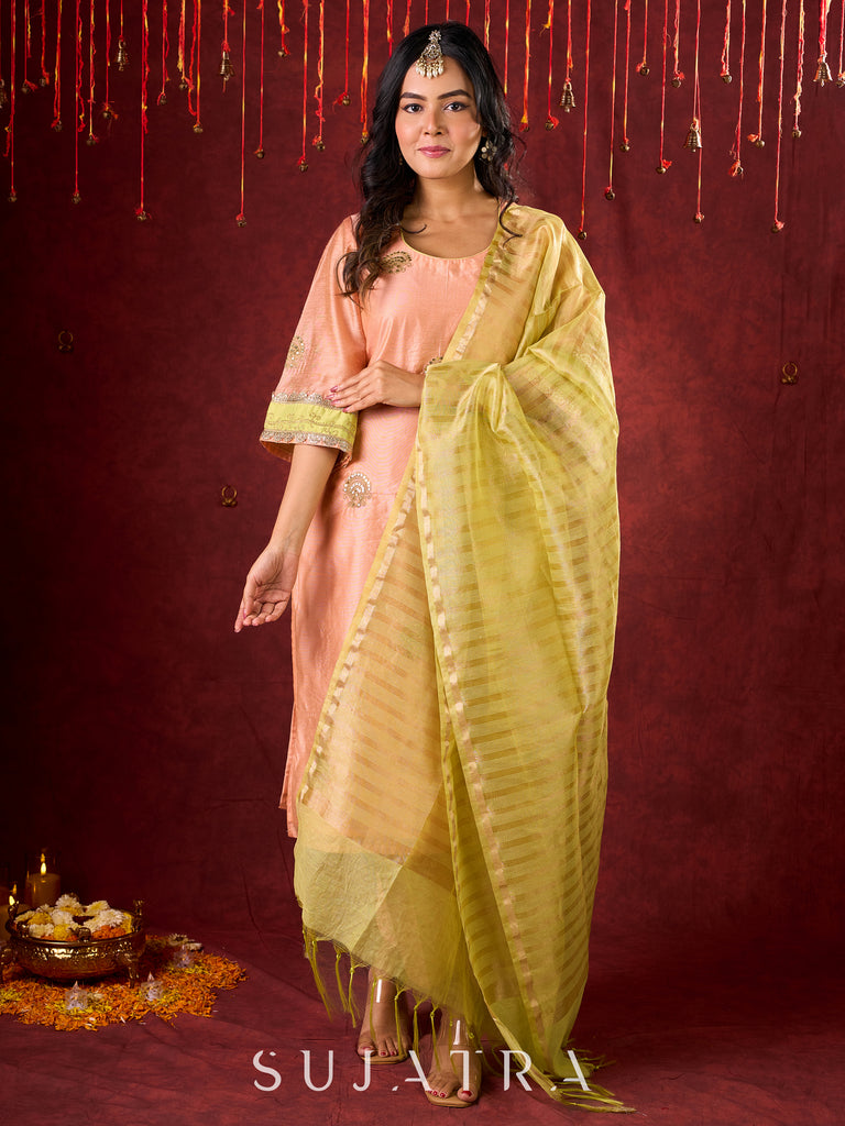 Graceful Peach-Green Combination Chanderi Kurta with Fine Embroidery