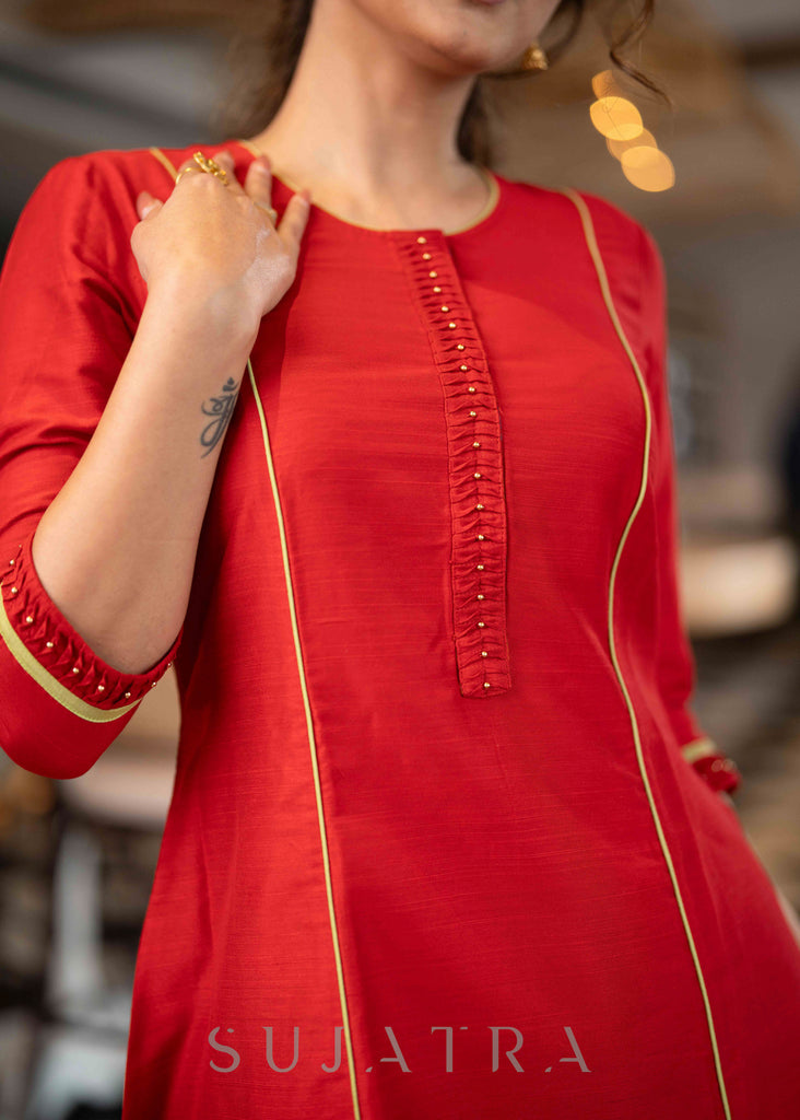 Elegant Red Cotton Silk A Line Kurta Pant Set With Pin tucks & Gold Pearls On Placket -  Dupatta Optional