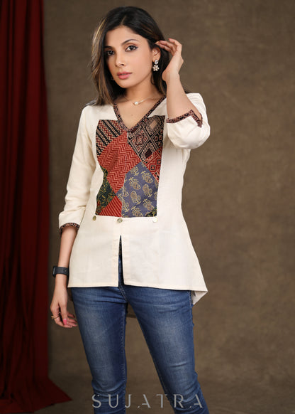 Smart High-Low Ajrakh Patchwork Cotton Off White Top