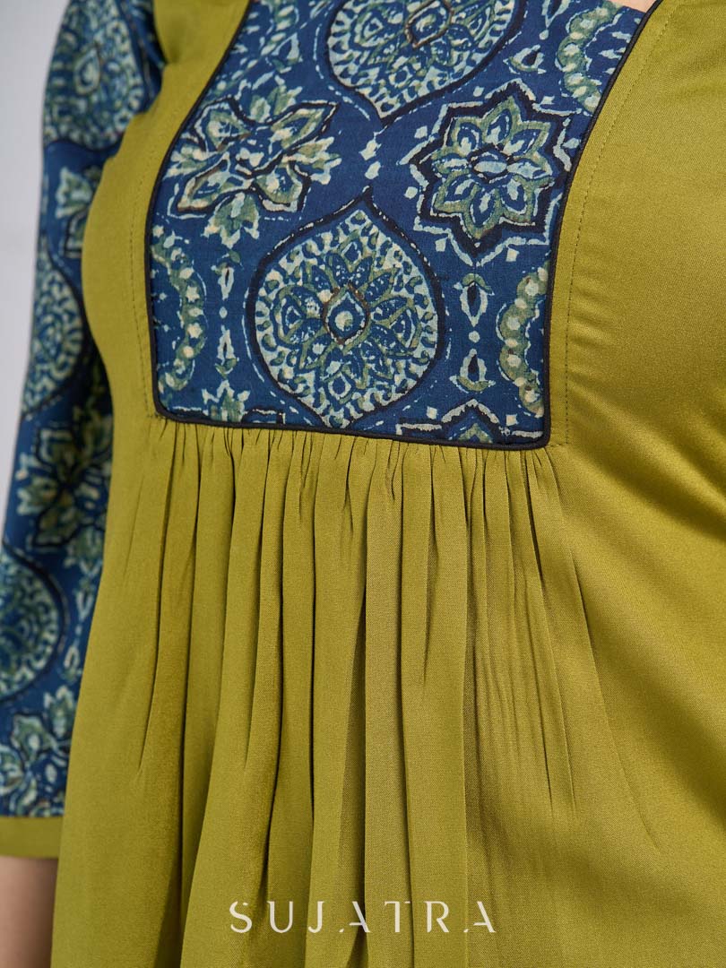 Olive Rayon Designer Top with Ajrakh Yoke and Statement Neckpiece-Tie Up Drawstring