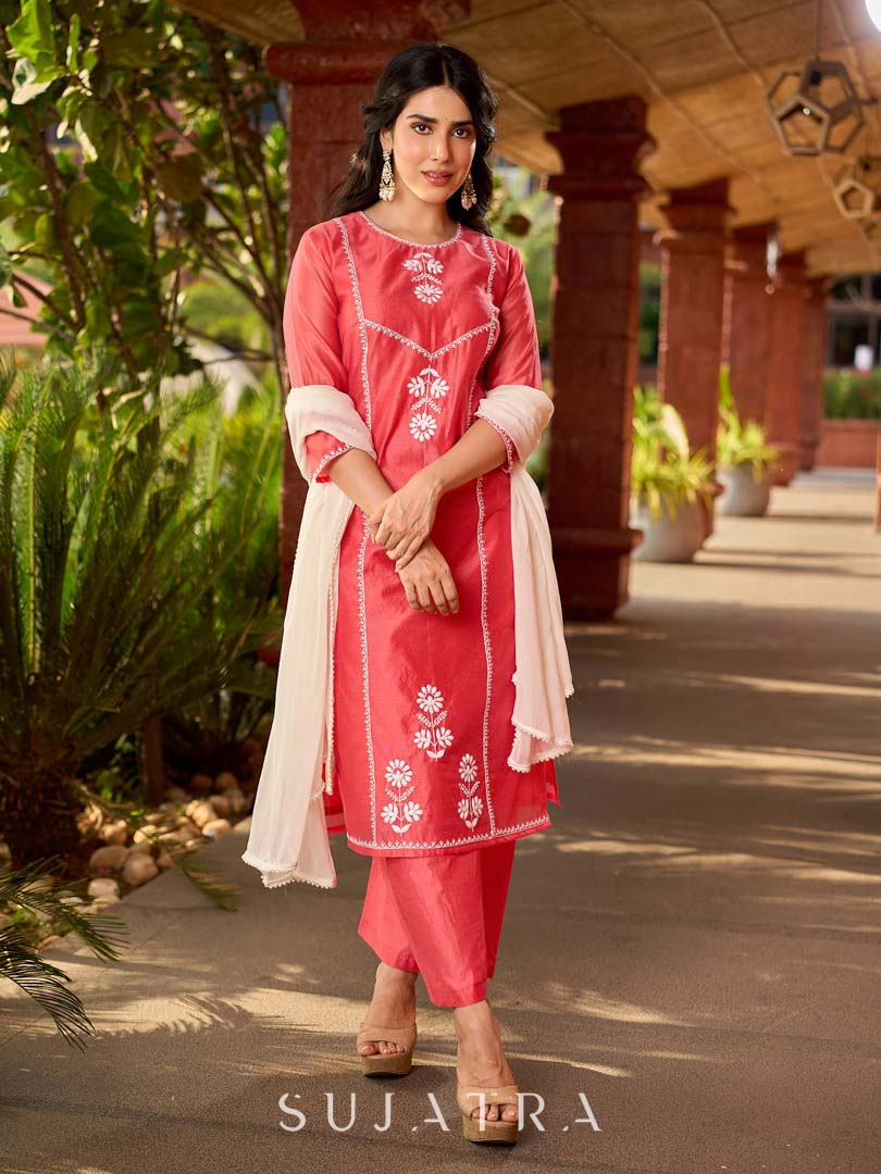 Minimal White Georgette Dupatta with Delicate Pearl Lace Embellishment