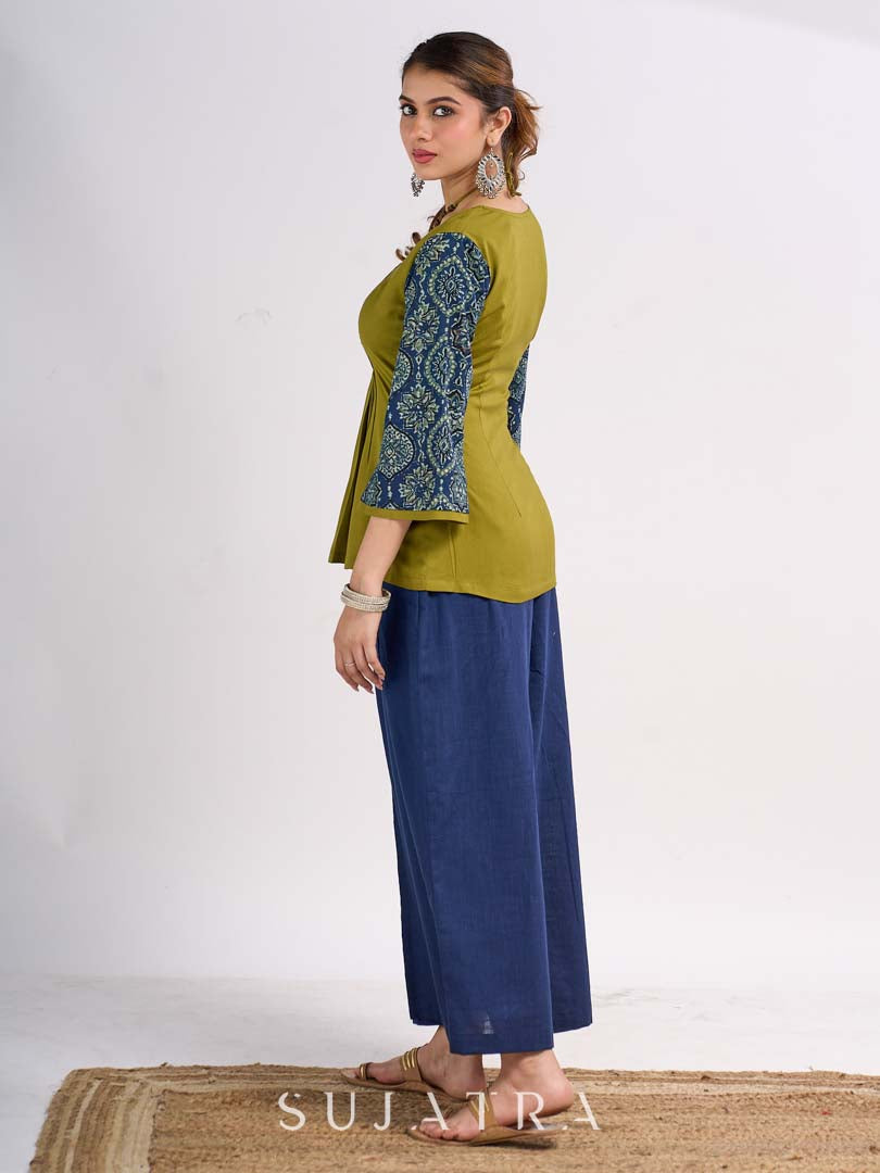 Olive Rayon Designer Top with Ajrakh Yoke and Statement Neckpiece-Tie Up Drawstring