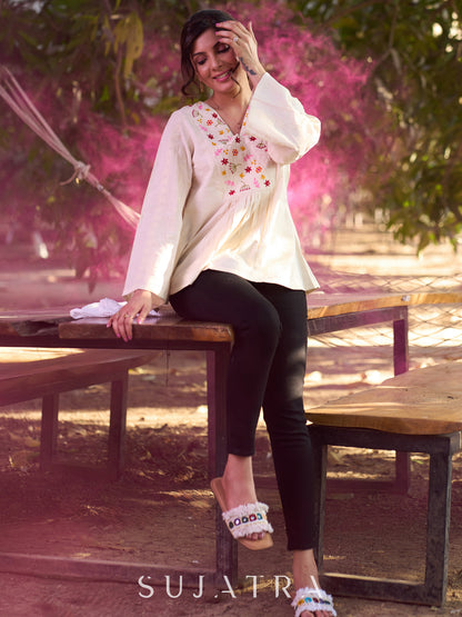Off White Handloom Cotton Top with Intricate Hand Embroidered Floral Yoke & Elegant Hakoba Sleeves