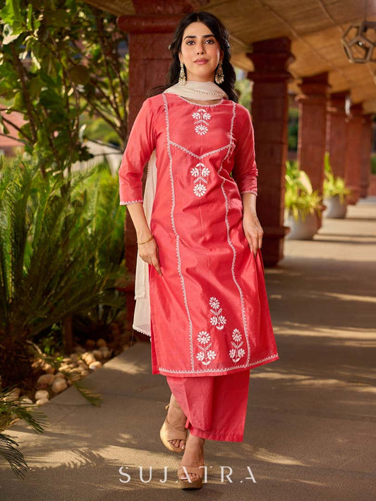 Minimal Coral Chanderi Kurta with Detailed Chikankari Embroidery & Soft Finish