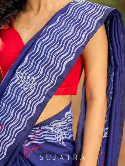 Vibrant Royal Blue Hand Block Printed Cotton Saree