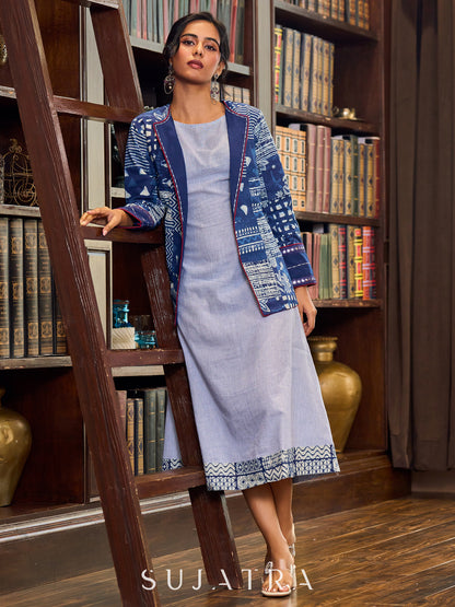 Artisanal Indigo Cotton Patchwork Jacket Enhanced with Mirror Lace and Handcrafted Painted Collar and Cuffs