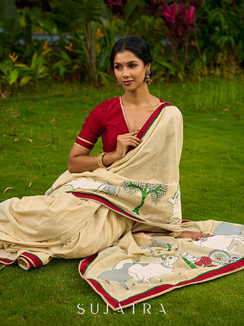 Statement Cream Cotton Saree with Pichwai Cow Painting & Contrast Trim