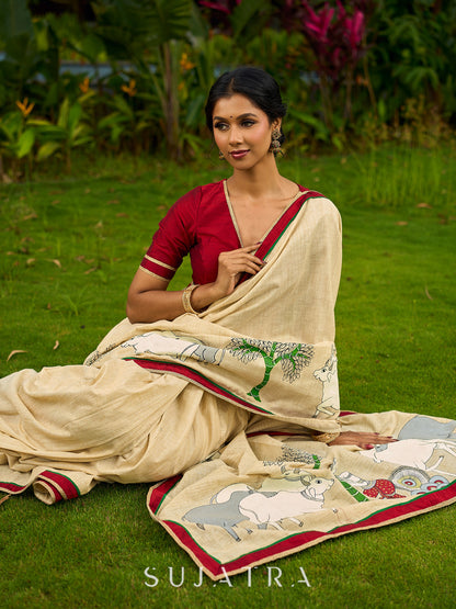 Statement Cream Cotton Saree with Pichwai Cow Painting & Contrast Trim