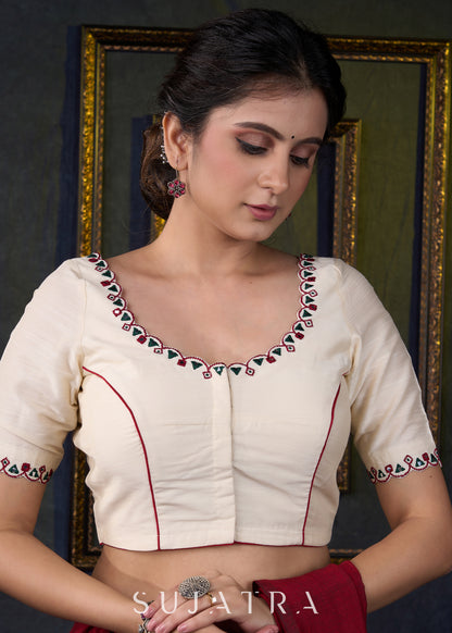 Embroidered Scalloped off White Cotton Silk Blouse - Optional Plain Saree