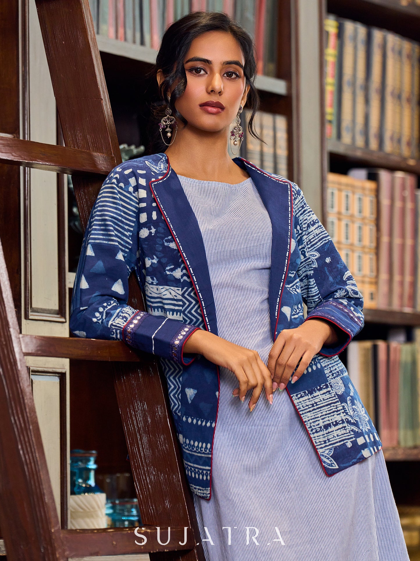 Artisanal Indigo Cotton Patchwork Jacket Enhanced with Mirror Lace and Handcrafted Painted Collar and Cuffs