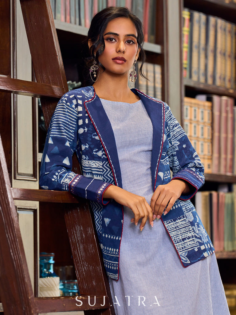 Artisanal Indigo Cotton Patchwork Jacket Enhanced with Mirror Lace and Handcrafted Painted Collar and Cuffs