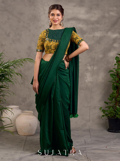 Mustard Ajrakh Print Cotton Blouse with Pintucks Detailing & Mirror Work