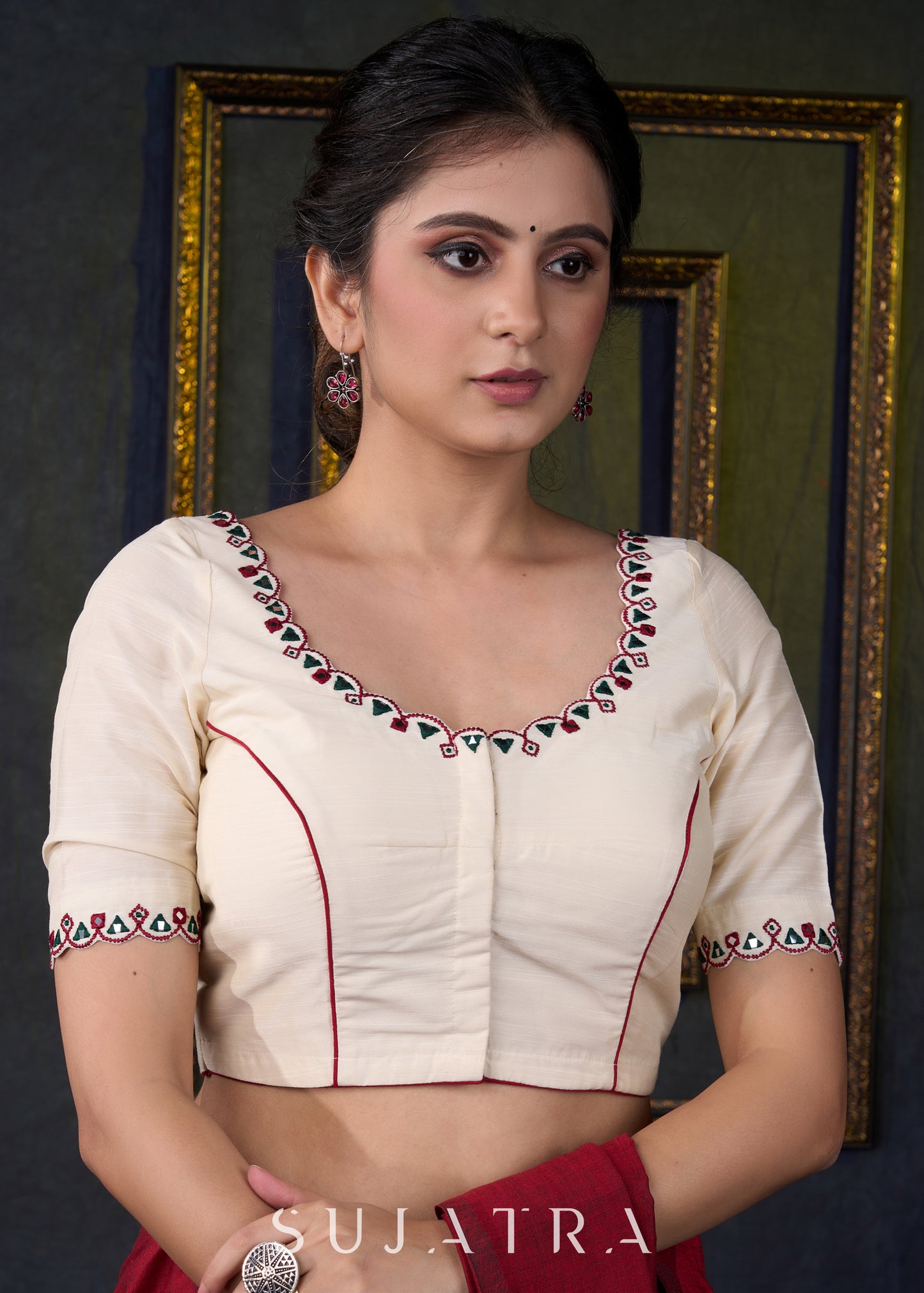 Embroidered Scalloped off White Cotton Silk Blouse - Optional Plain Saree