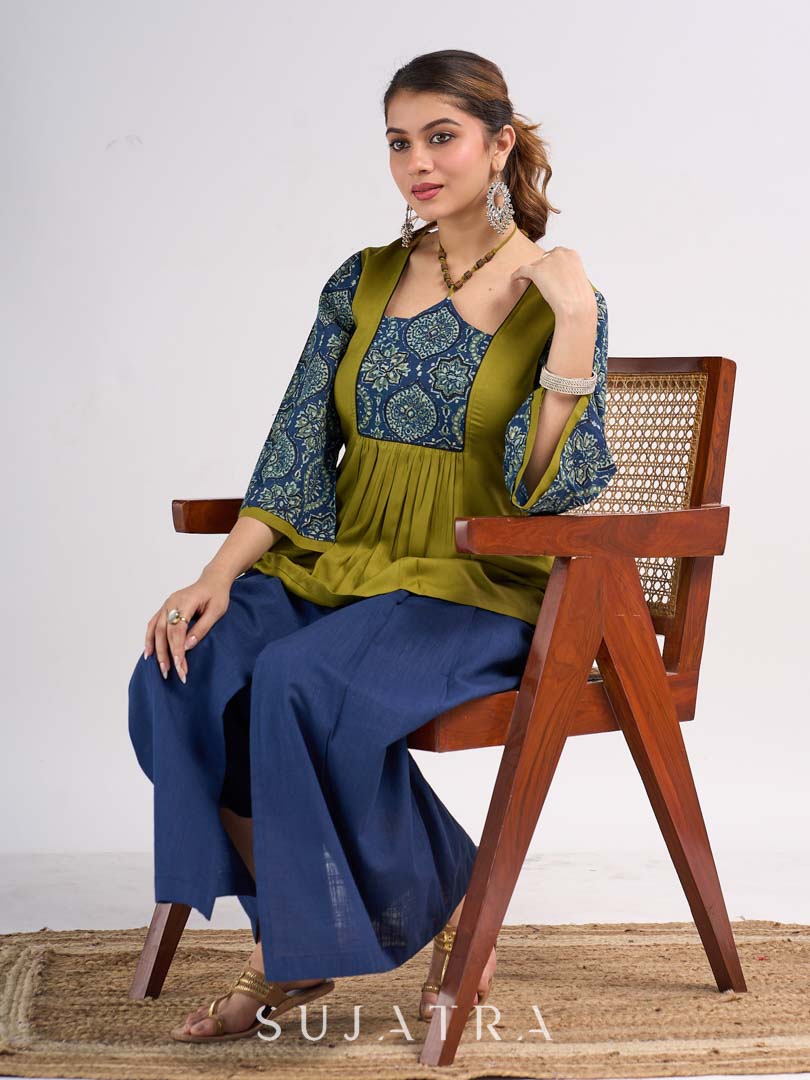 Olive Rayon Designer Top with Ajrakh Yoke and Statement Neckpiece-Tie Up Drawstring