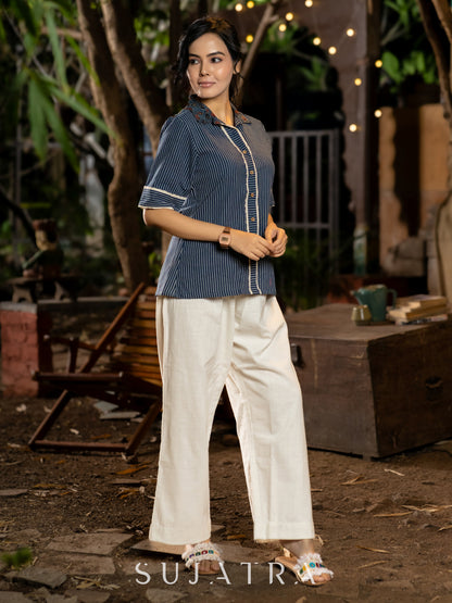 Chic Indigo Striped Shirt with Ajrakh & Elegant Crochet Lace Detailings