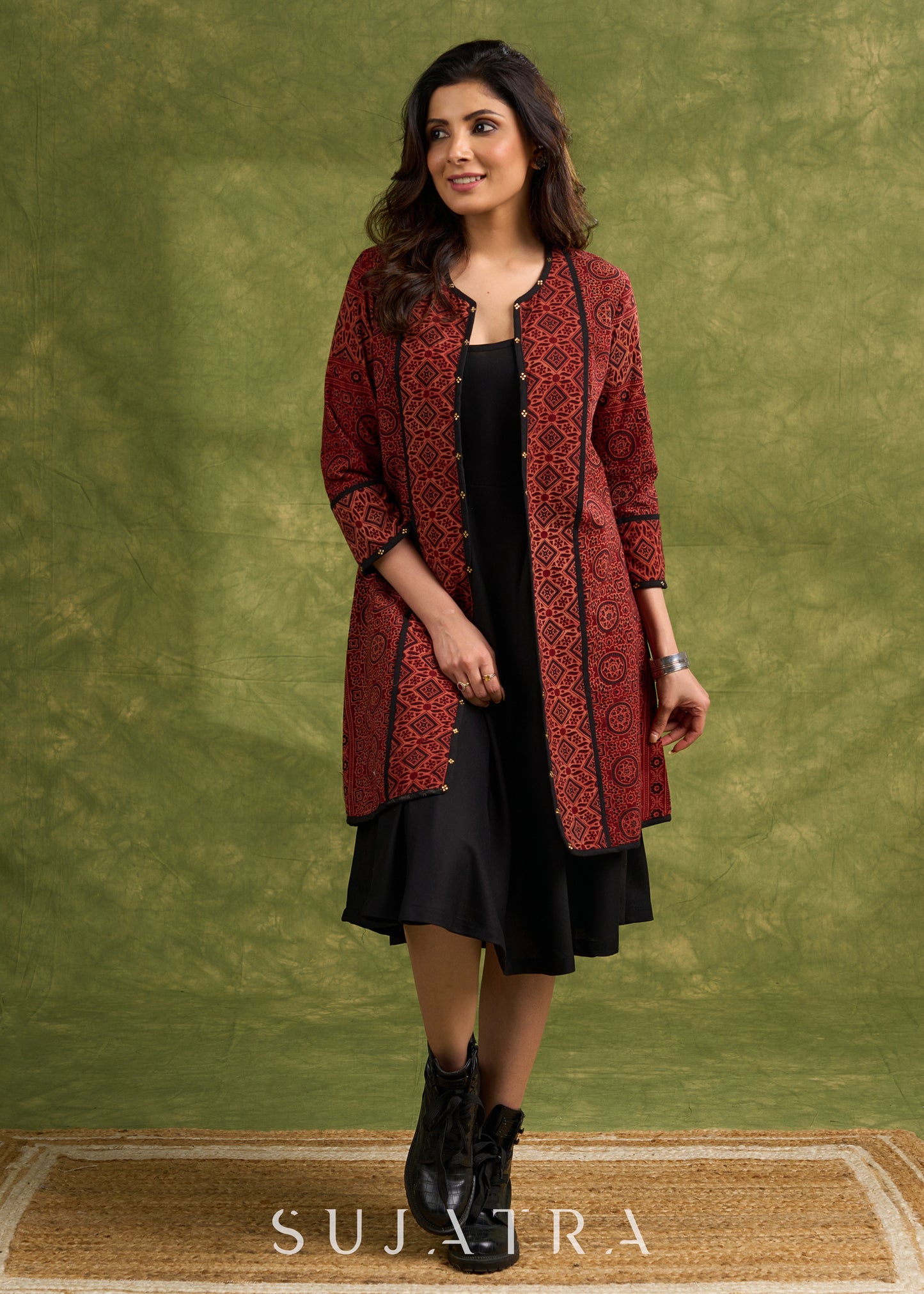 Real Elegant Maroon Ajrakh Long Jacket With Sleek Black Piping And Stone Adornments-  Dress Optional