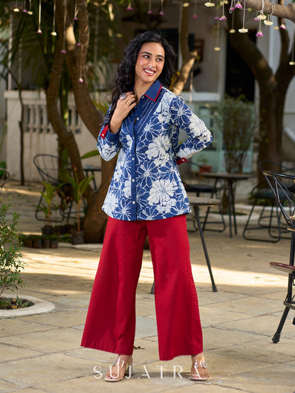 Heritage Indigo Floral Cotton Shirt with Handcrafted Kantha Stitch Accents