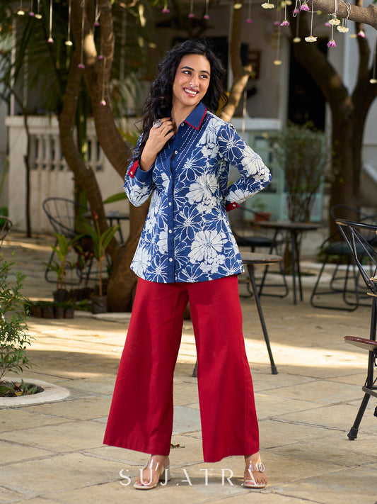 Heritage Indigo Floral Cotton Shirt with Handcrafted Kantha Stitch Accents